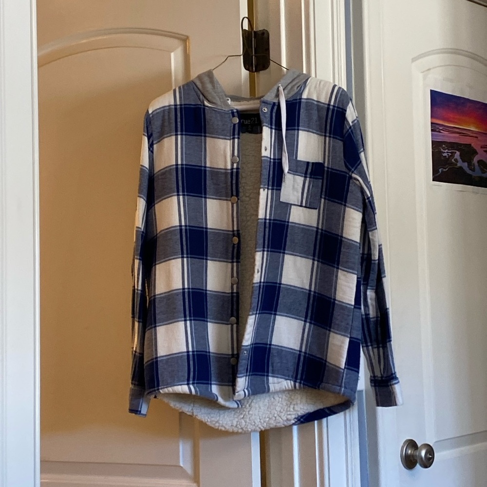 Flannel fuzzy shacket with hood